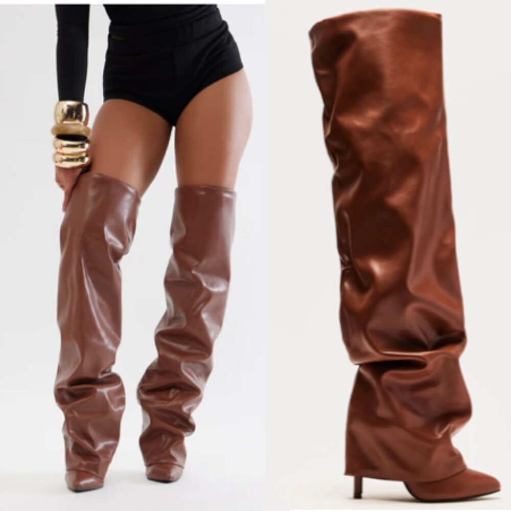 Fashion Nova Chestnut Slouch Over-the-Knee Heeled Boots